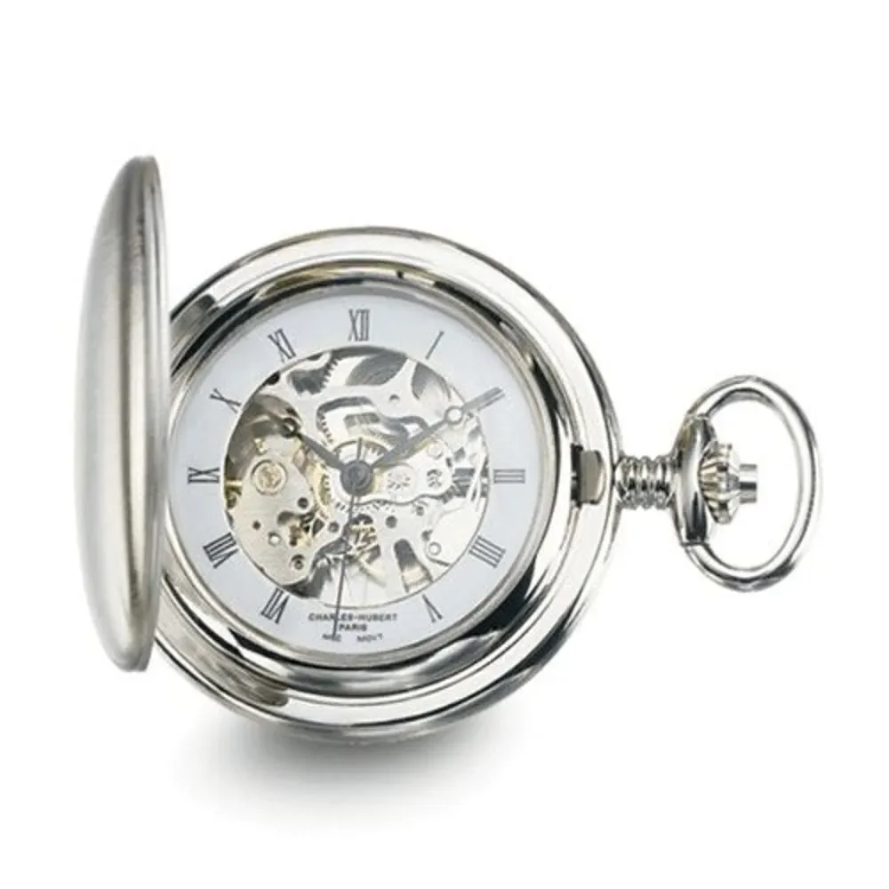 New Charles Hubert Chrome-finish White Skeleton Dial Pocket Watch